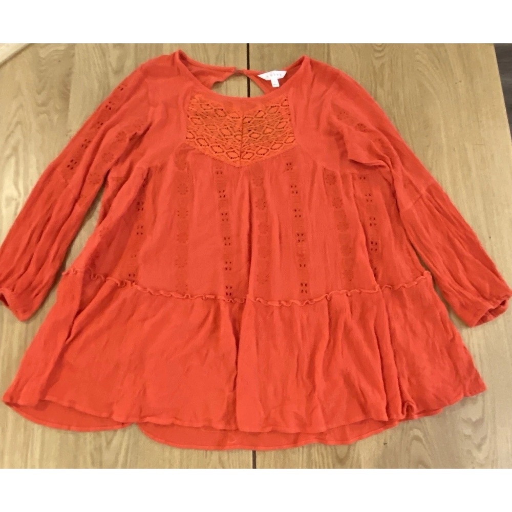 Anthropologie Adiva Tunic Top Women's Size LG Orange Eyelet Lace‎ Chest Keyhole